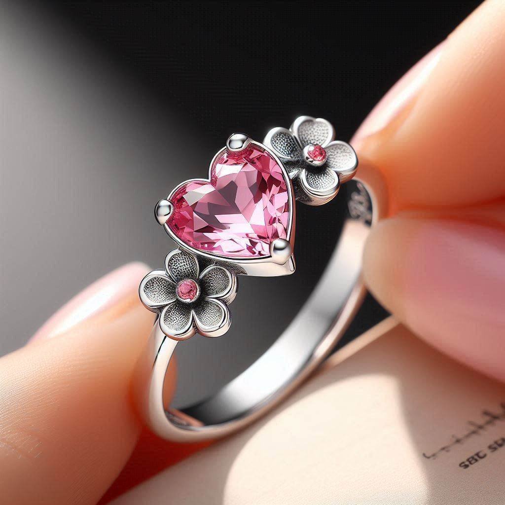 A ring for girls with a pink, heart-shaped stone in the center.